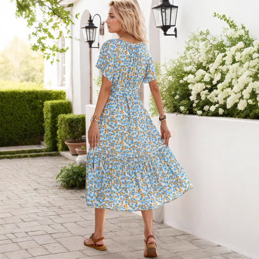Women's Rayon Printed Hollow Lace Stitching Flounced Dresses