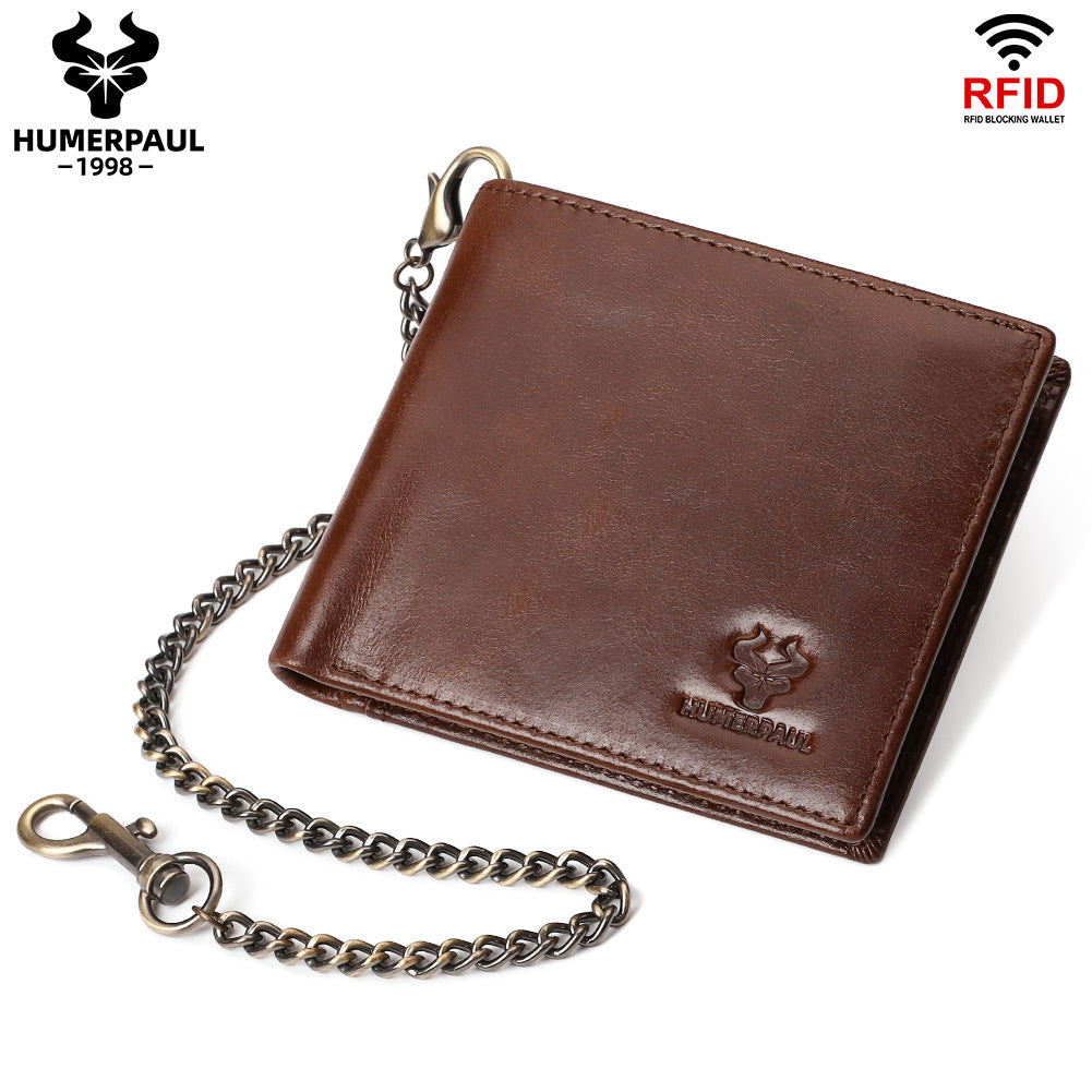 First Layer Cowhide Metal Chain Simple Short Men's Wallets