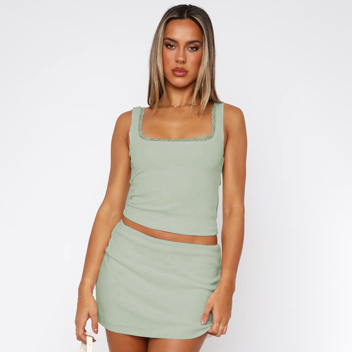 Women's Summer Lace Square Collar Hot Solid Tops