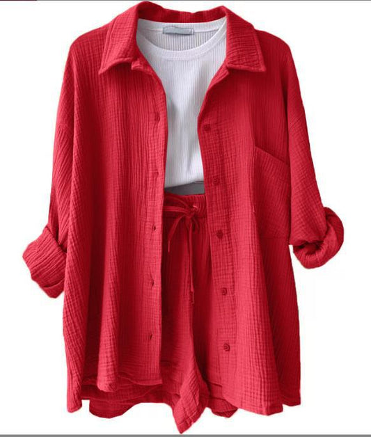 Women's Lapel Long Sleeve Shirt High Waist Drawstring Fashion Suits