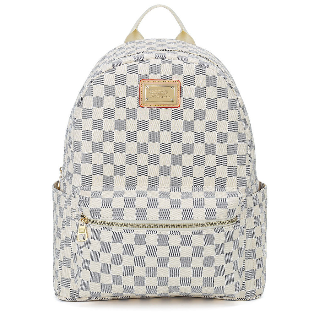 Women's Chessboard Plaid Retro Large Capacity Leather Backpacks