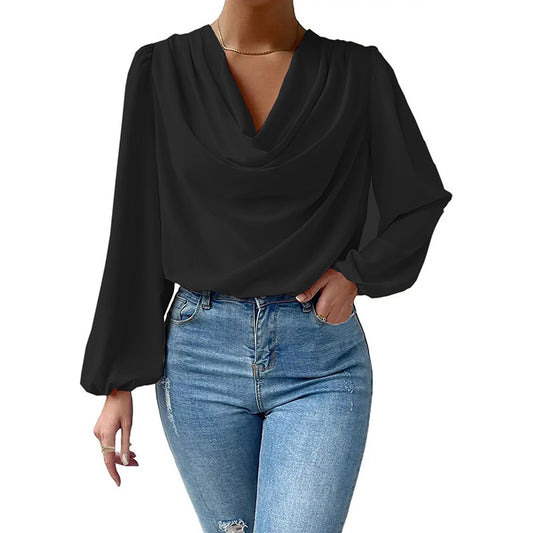 Women's Chiffon Long-sleeved Shirt Loose Draped T-shirt Blouses