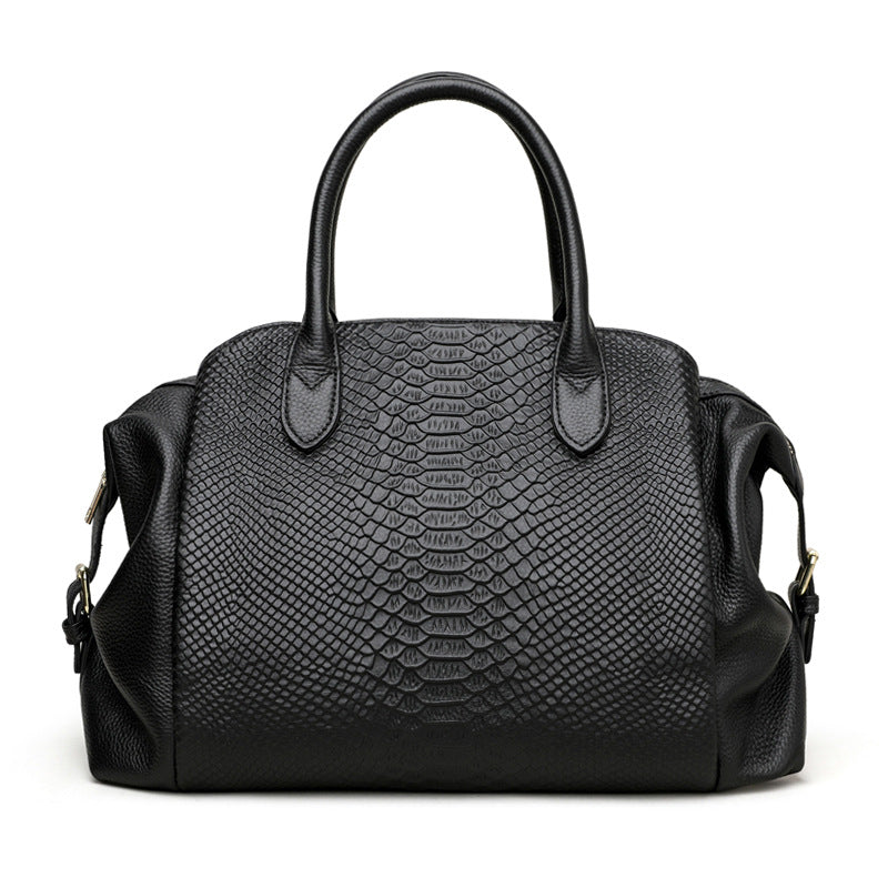 Women's Large Capacity Black Commuter Genuine Leather Crocodile Pattern Bags