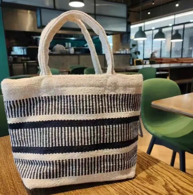 Navy Blue Striped Hand-woven Lunch Cotton Women's Handbag