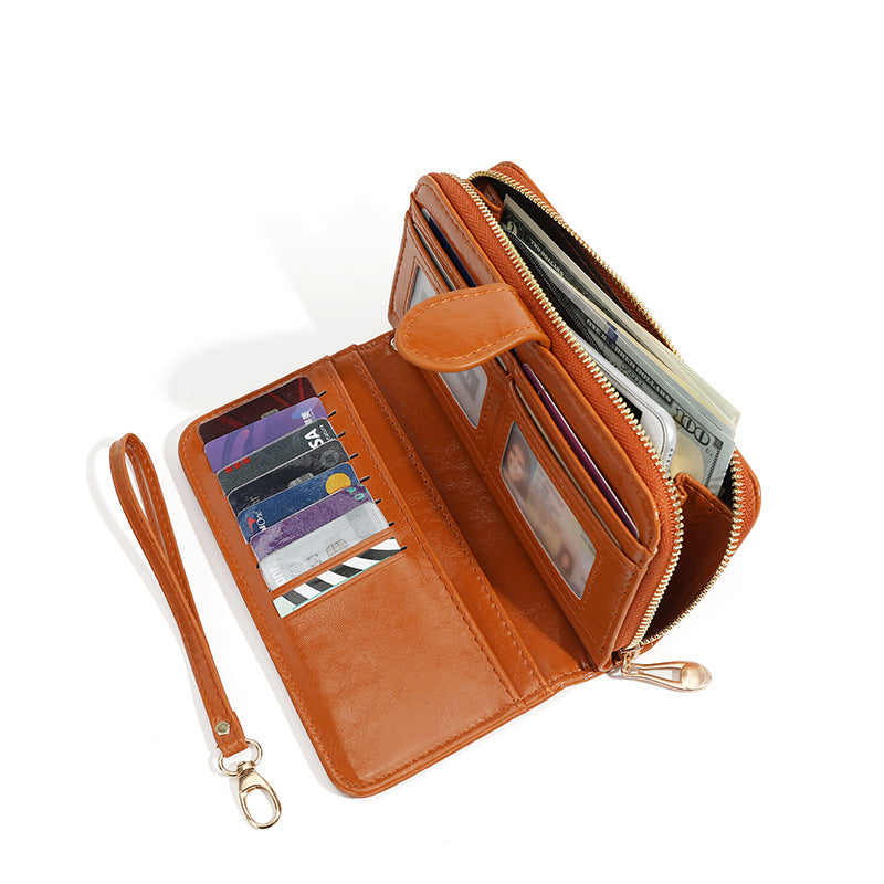 Women's Zipper Oil Wax Leather Mobile Clutch Ladies Wallet
