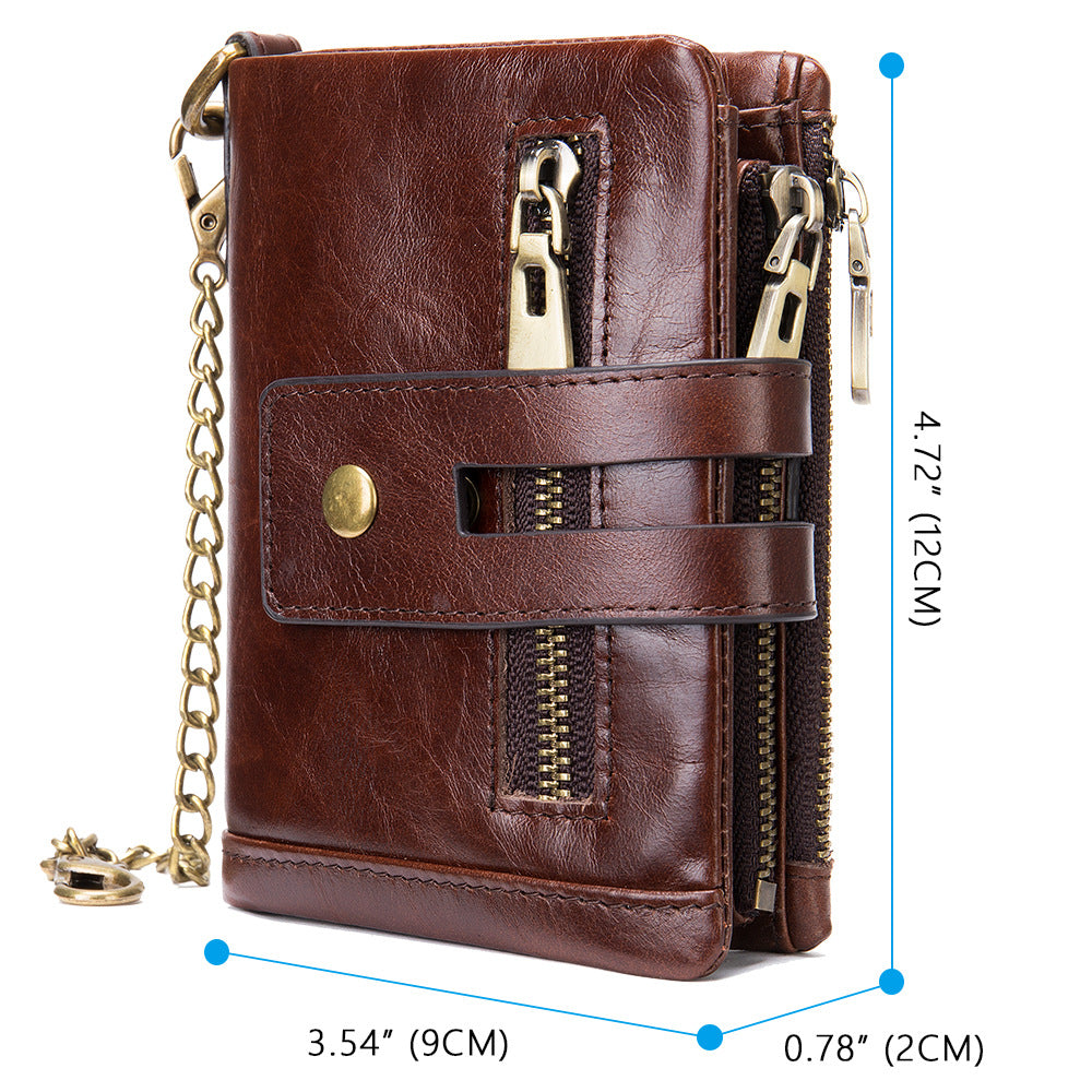Men's Swiping Multifunctional Zipper Short Chain Genuine Men's Wallets