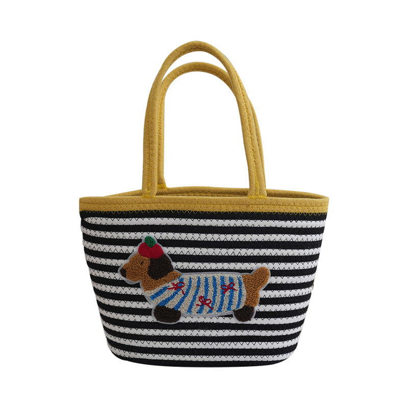Women's Cotton String Woven Large Capacity Totes Cartoon Sausage Dog Women's Handbag