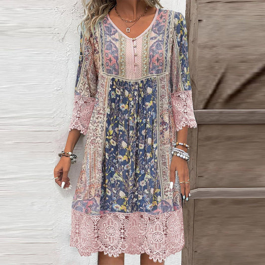 Women's Slouchy Vintage Printed Lace Dress Dresses