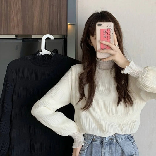 Women's Sleeve Spring Wooden Ear Design Sense Half Turtleneck Blouses