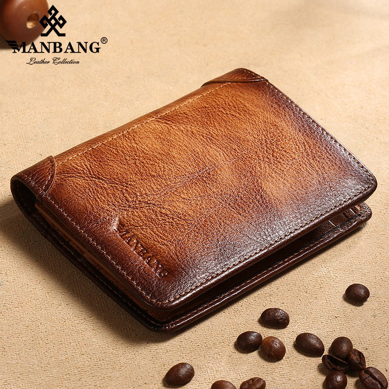 Men's Short First Layer Cowhide Brushed Classic Men's Wallets