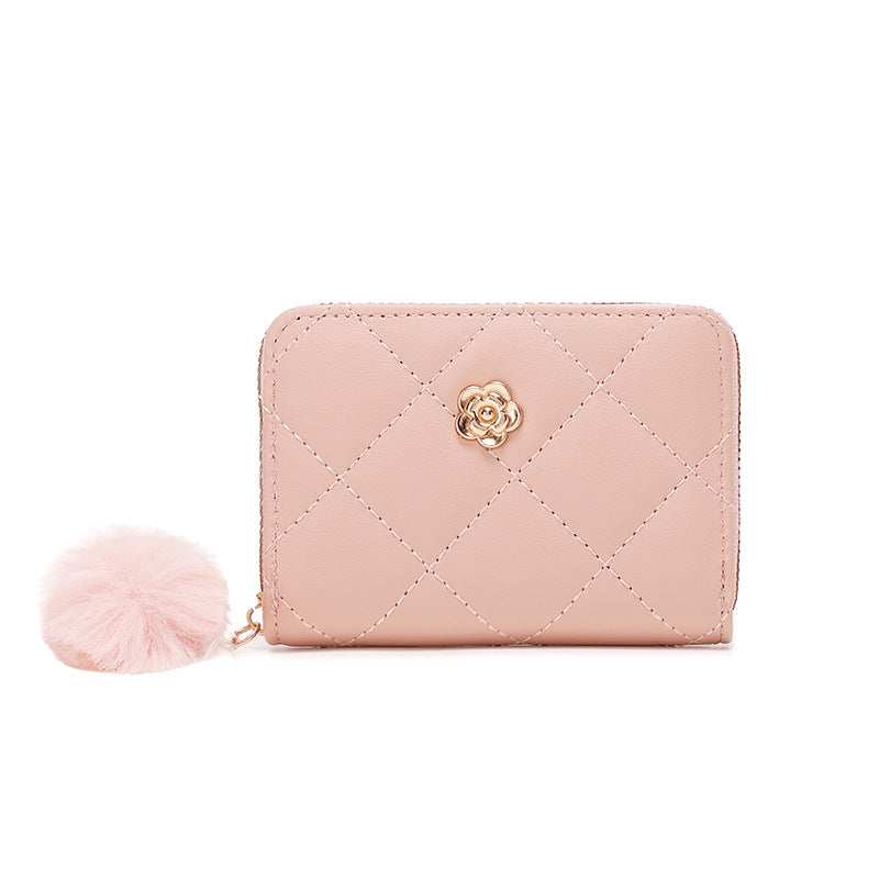 Women's Fashion Rhombus Short Fur Ball Rose Ladies Wallet