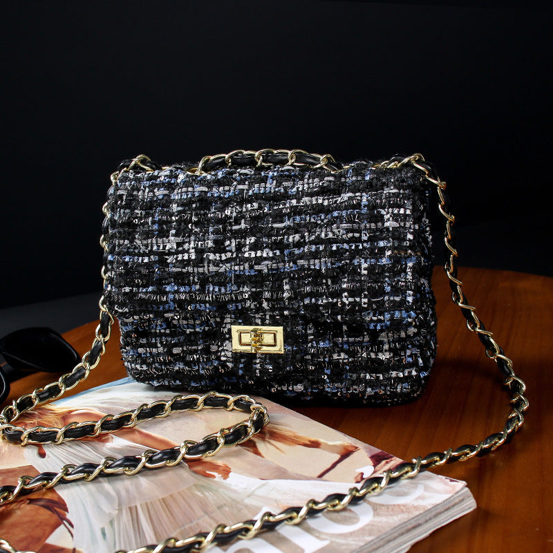 Plaid Colored Wool Classic Style Diamond Chain Crossbody Bags