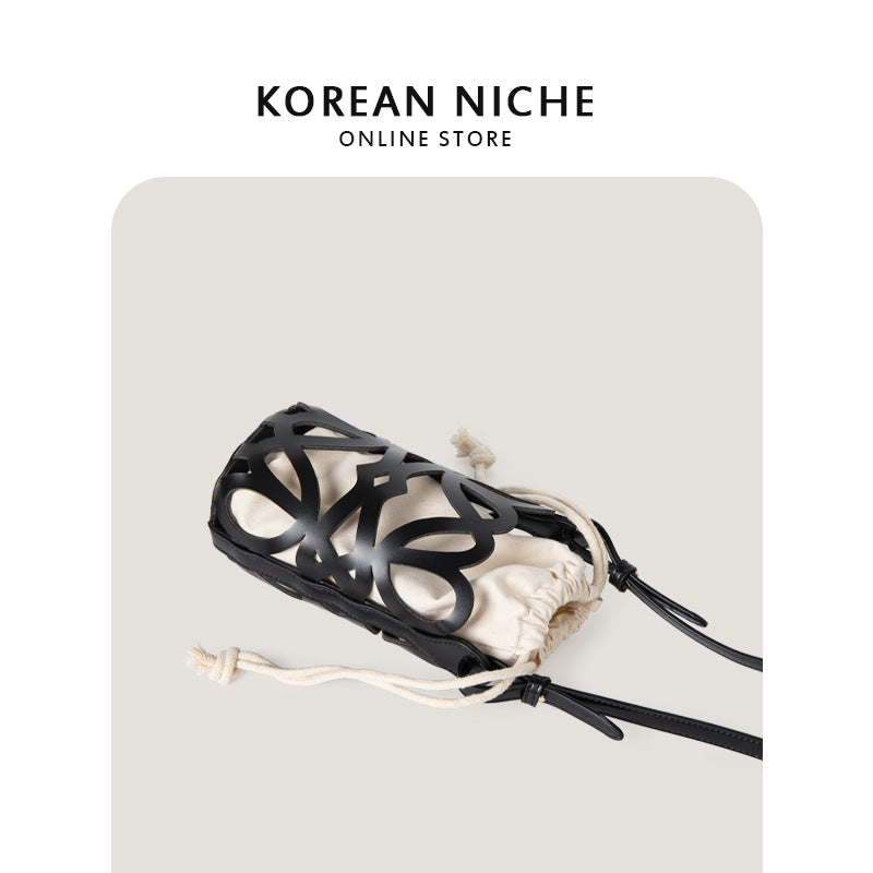 Women's Design Hollow Drawstring Canvas Cylindrical Pouch Crossbody Bags