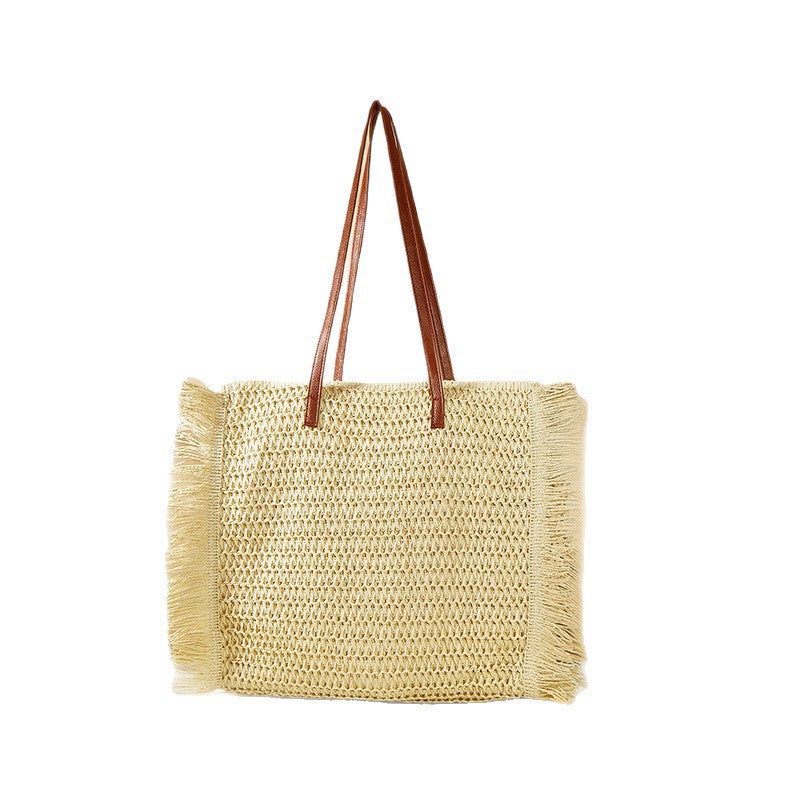 Women's Tassel Straw Woven Large Capacity Totes Vacation Style Portable Women's Shoulder Bag