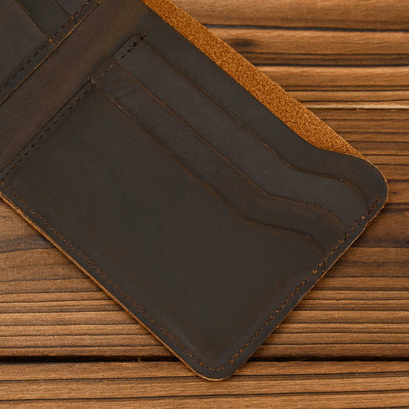 Men's Short Genuine Leather Simple Crazy Horse Clamp Retro Card Holder