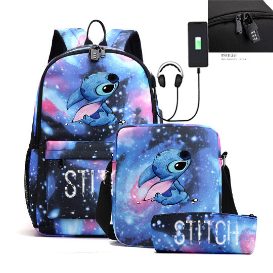 Cartoon Character Stitch Three-piece Male Female Backpacks