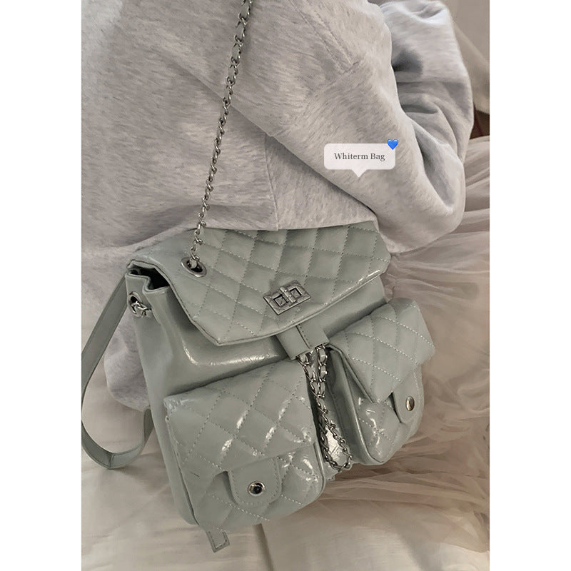 Women's Korean Version Of Style Chain Diamond Plaid Backpacks