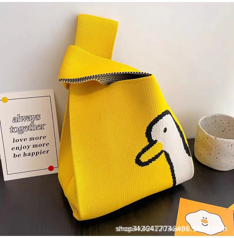 Summer Cartoon Portable Knitted Lunch Hand Woven Color Collision Handbags