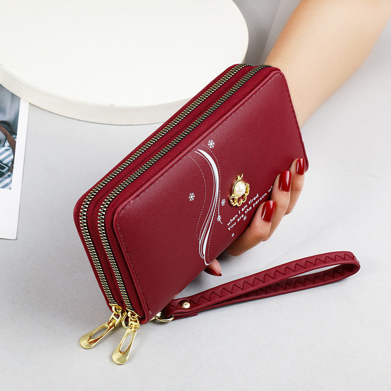 Women's Layer Zipper Long Wrist Clutch Pearl Ladies Wallet