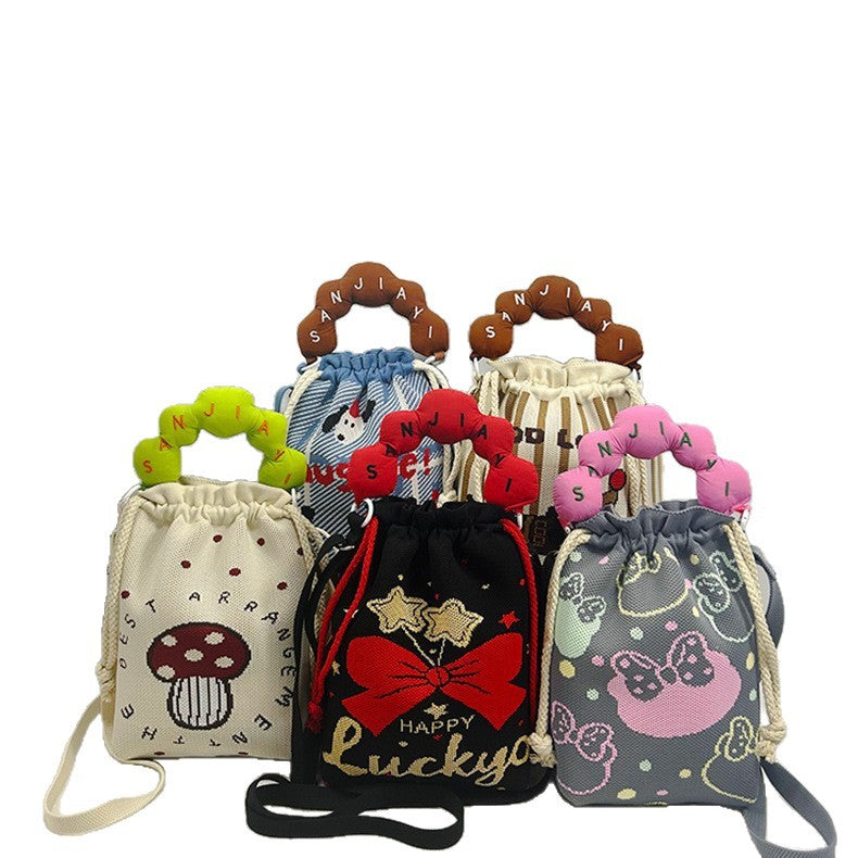 Woven Jacquard Female Drawstring Pocket Cartoon Knitted Wool Flying Phone Bags