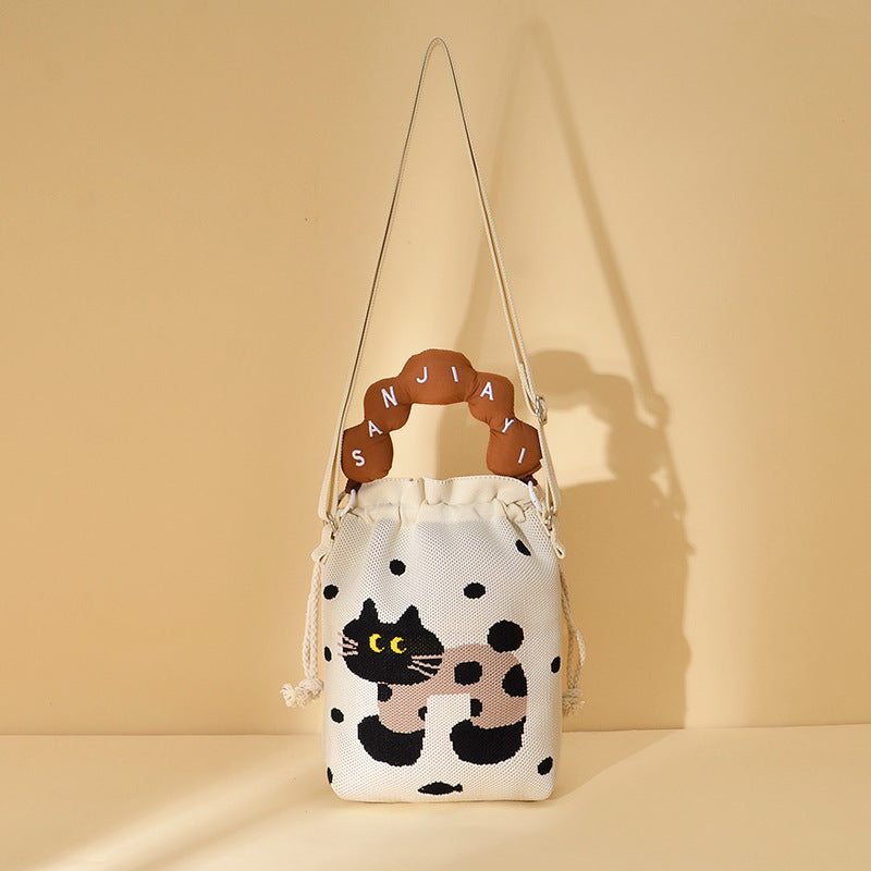 Woven Jacquard Female Drawstring Pocket Cartoon Knitted Wool Flying Phone Bags
