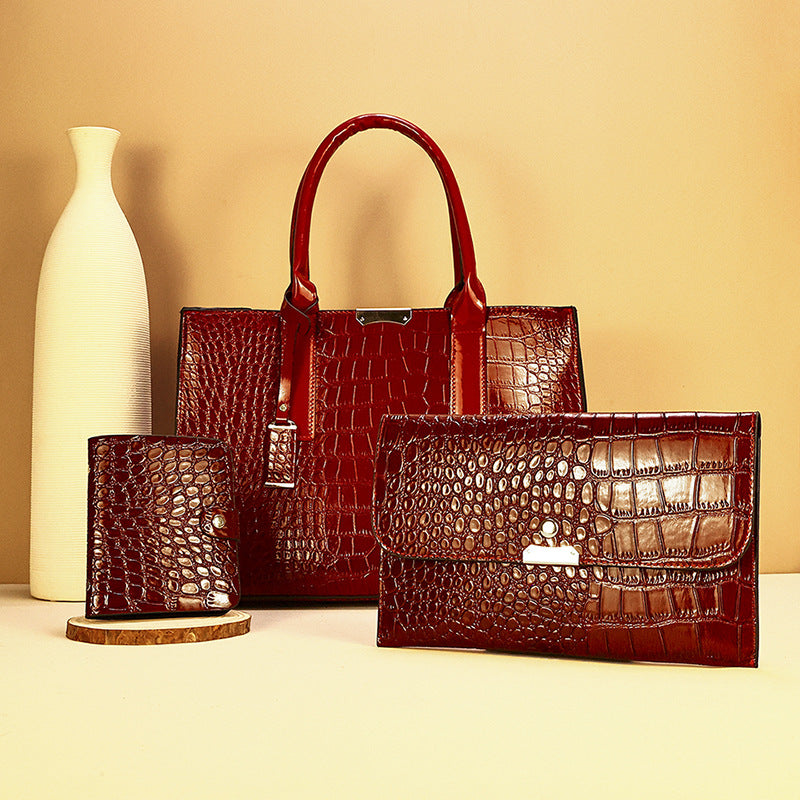 Women's Patent Leather Crocodile Pattern Three-piece Set Mother Women's Handbag