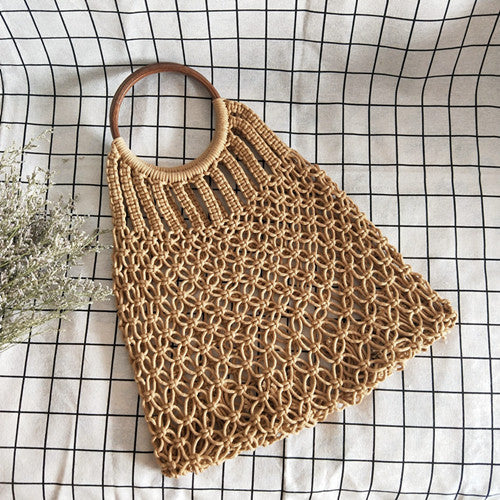 Hand-woven Mesh Cotton Thread Hollow Straw Summer Vacation Beach Women's Handbag