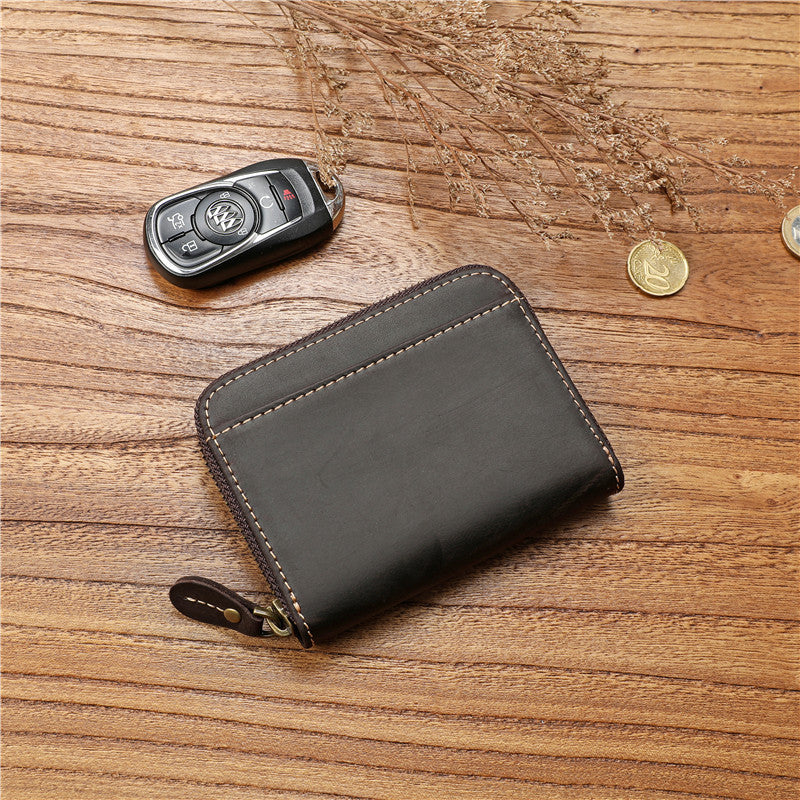 Men's Crazy Horse First Layer Cowhide Short Leather Zipper Simple Ladies Wallets