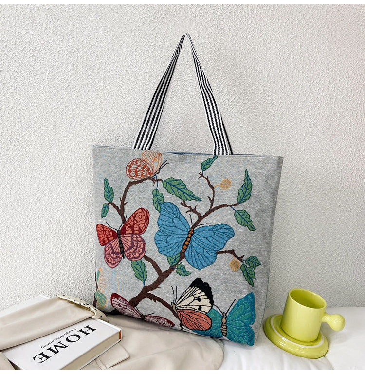 Women's Retro Fashion Illustration Embroidered Large Capacity Tote Bags
