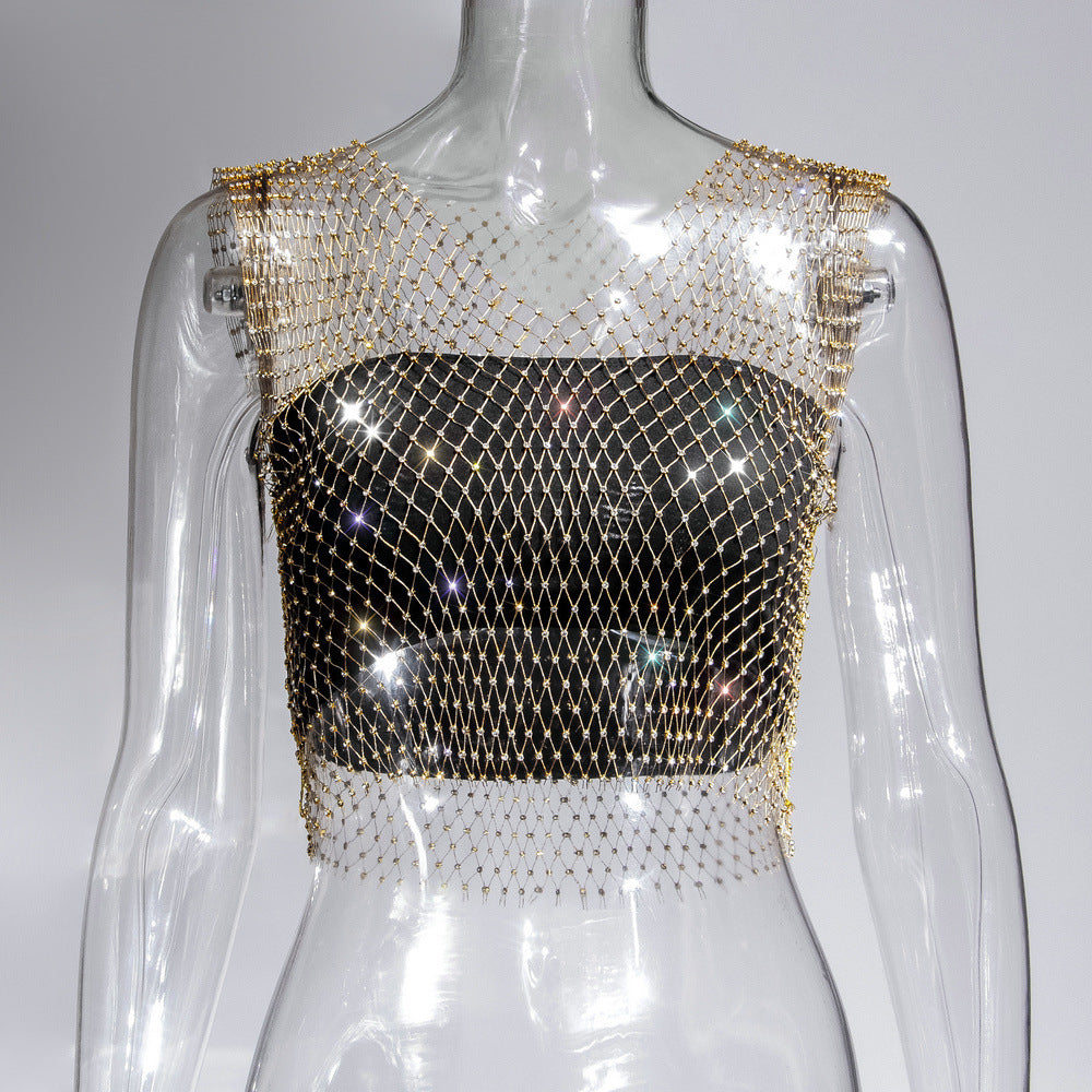 Women's Charming Summer Rhinestone Mesh T-shirt Tops