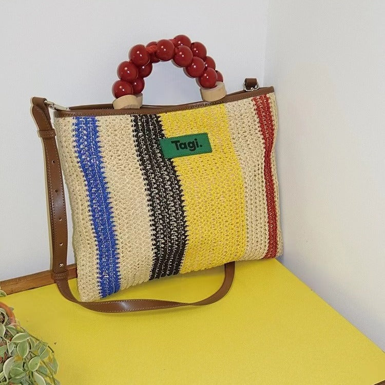 Sugar Gourd Contrast Color Striped Woven Shoulder Bags