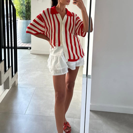Women's Knitted Contrast Color Design Lapel Shirt Knitwear