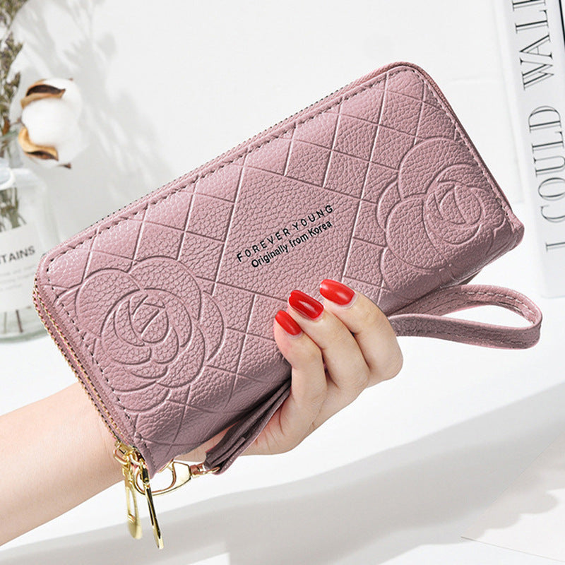 Women's Long Simple Wrist Strap Clutch Double Zipper Large Capacity Ladies Wallet
