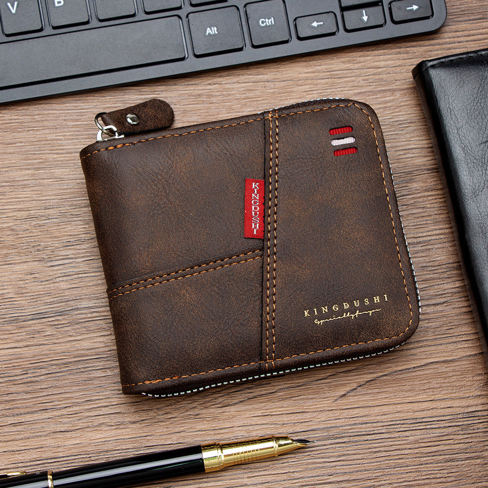Men's Oil Wax Leather Stitching Short Multiple Slots Scarf Hinge Men's Wallet