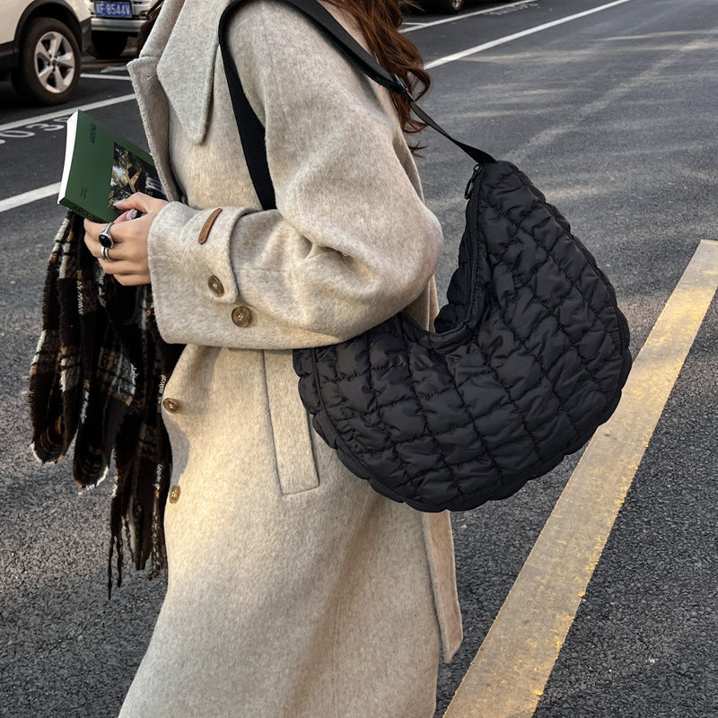 Women's Style Plaid Pleated Cloud Large Capacity Dumpling Soft Down Cotton Women's Shoulder Bag