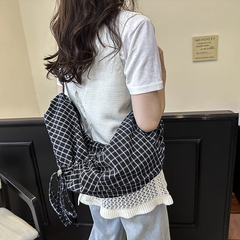 Women's Blue Plaid Drawstring Canvas Commute Large Bags