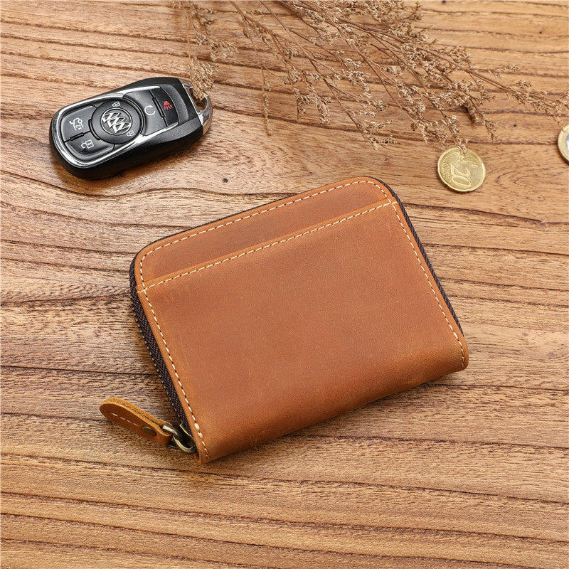 Men's Crazy Horse First Layer Cowhide Short Leather Zipper Simple Ladies Wallets