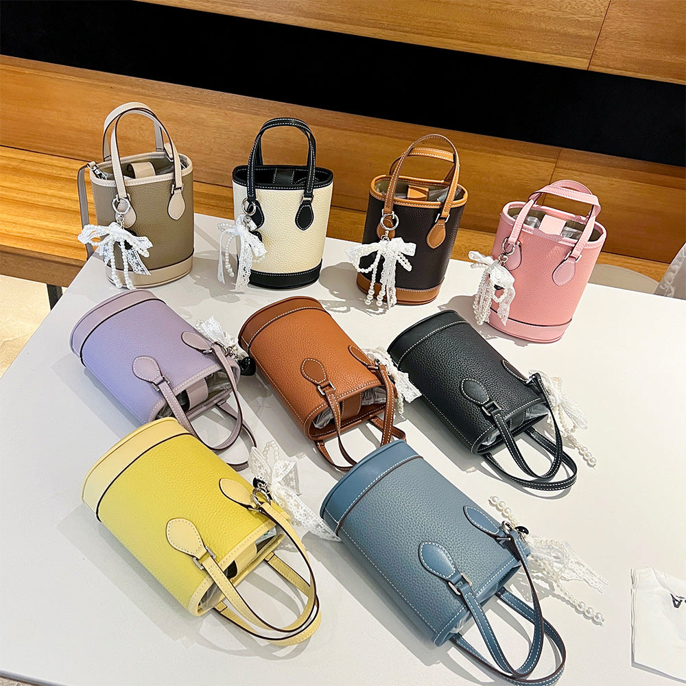 Women's Fashion Color Contrast Vertical Portable Design Genuine Bucket Bags