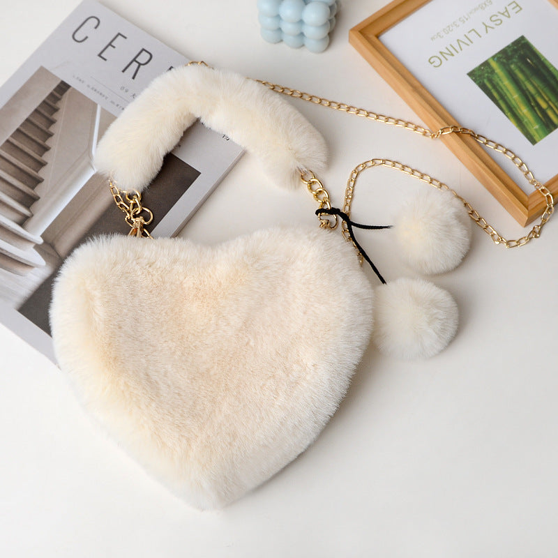 Women's Plush Heart Chain Portable Imitation Rabbit Fur Women's Shoulder Bag