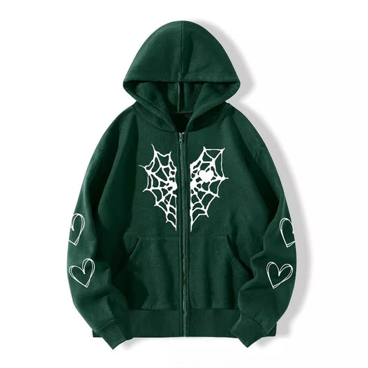 Spider Web Heart Printing Zipper Warm Sweaters
