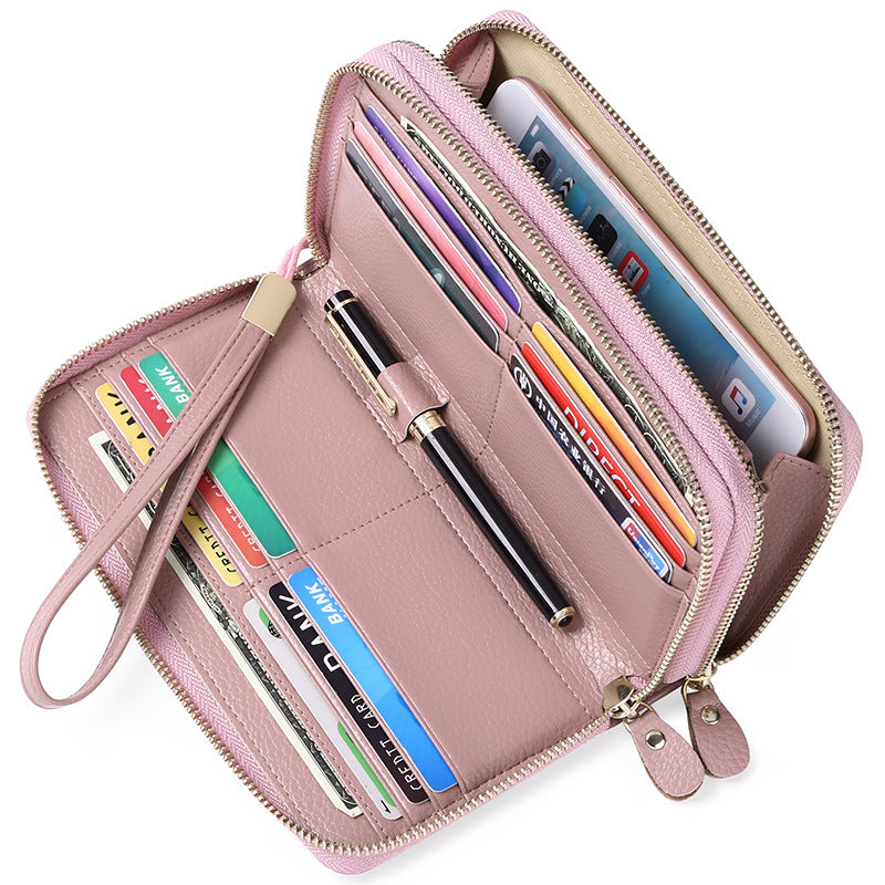 Women's Layer Cowhide Double Zip Clutch Trendy Ladies Wallets