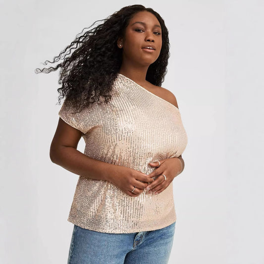 Women's Glitter Sequin Diagonal Collar Sleeve High-grade Blouses