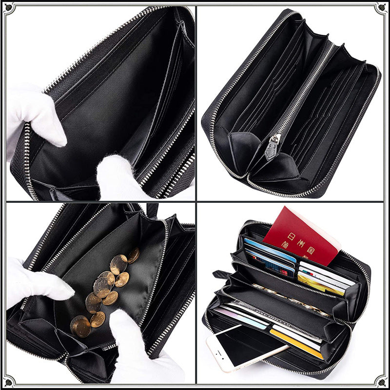 Men's Slots Carbon Fiber Long Zip Genuine Leather Men's Wallet
