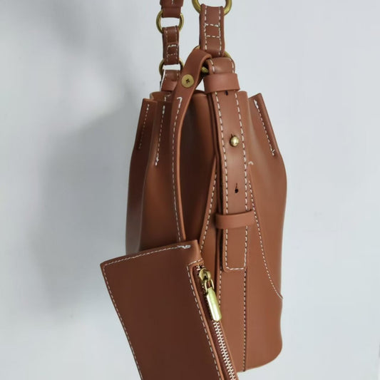 Women's Capacity Wide Strap Brown Drawstring Portable Bucket Bags