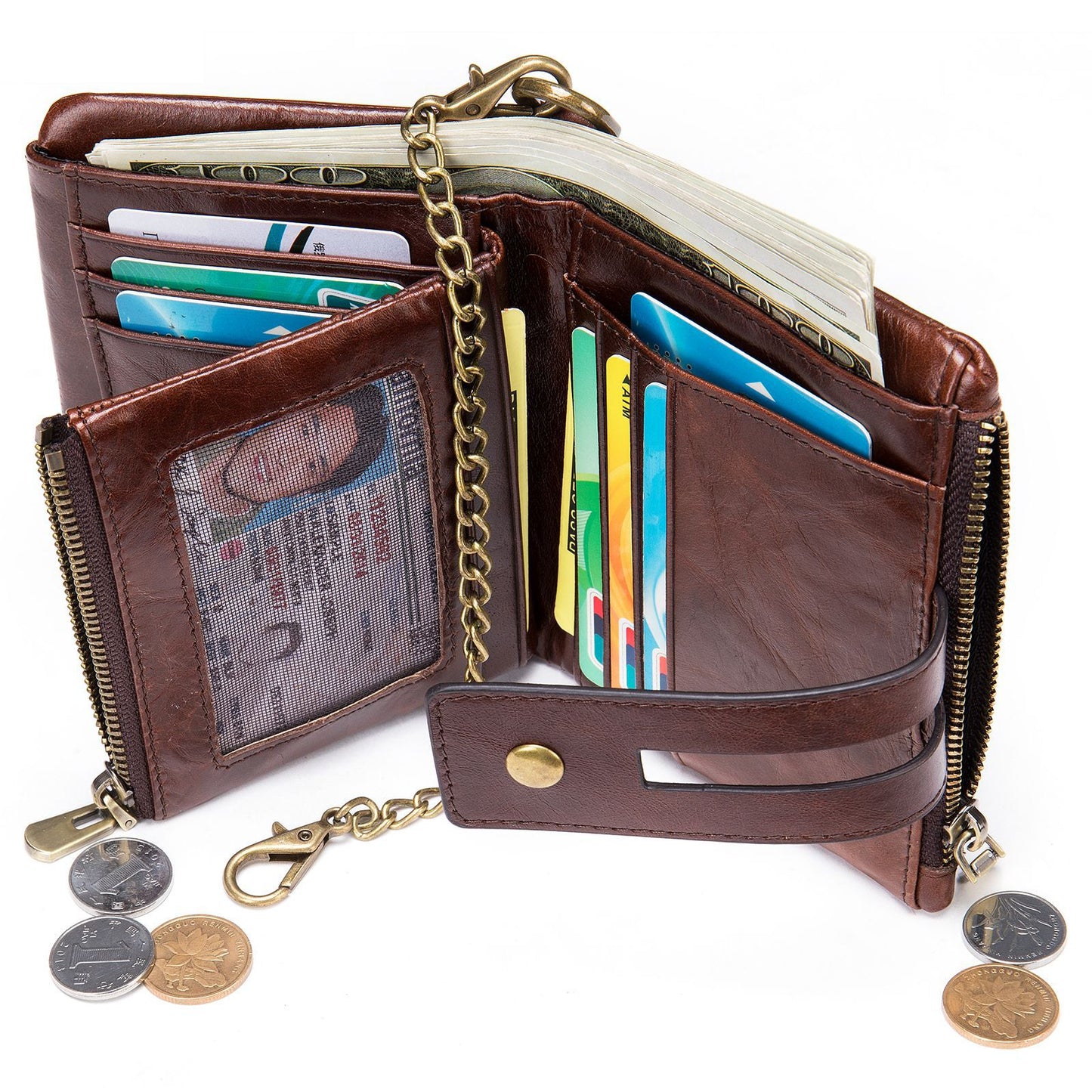 Men's Swiping Multifunctional Zipper Short Chain Genuine Men's Wallets