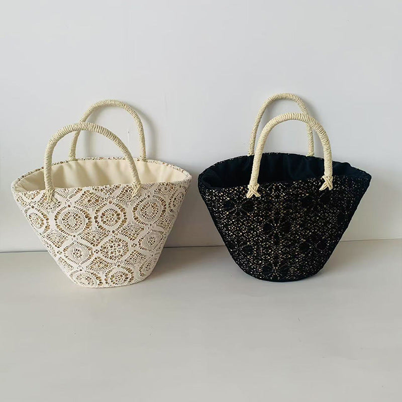 Lace Weaving Hollow Vegetable Basket Large Capacity Drawstring Handbags