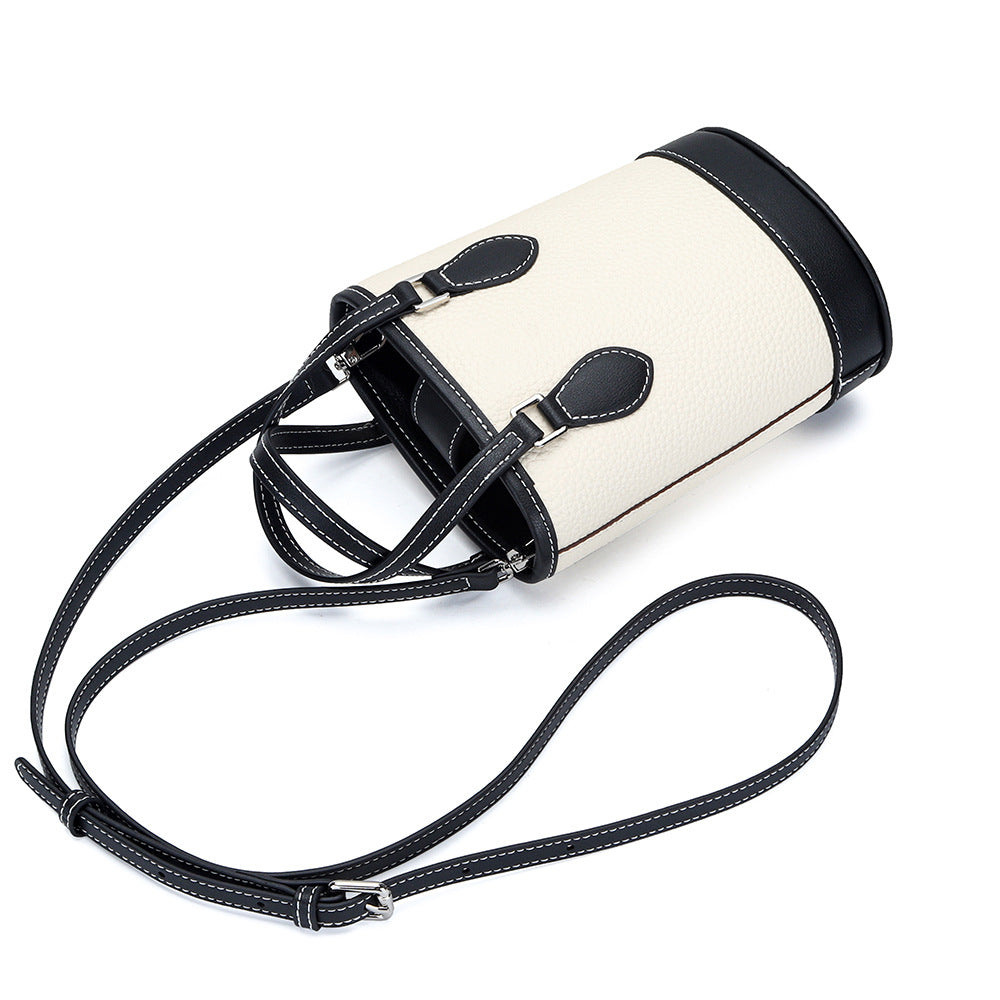 Women's Fashion Color Contrast Vertical Portable Design Genuine Bucket Bags