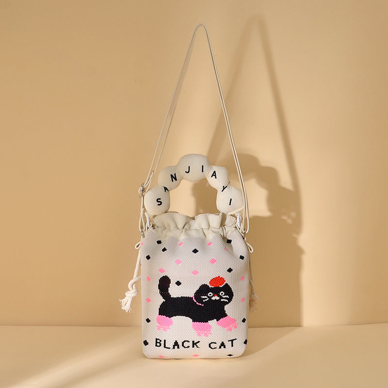 Woven Jacquard Female Drawstring Pocket Cartoon Knitted Wool Flying Phone Bags
