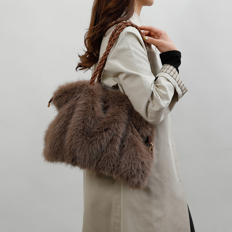 Women's Plush High-grade Fashion Pleated Imitation Fox Fur Shoulder Bags