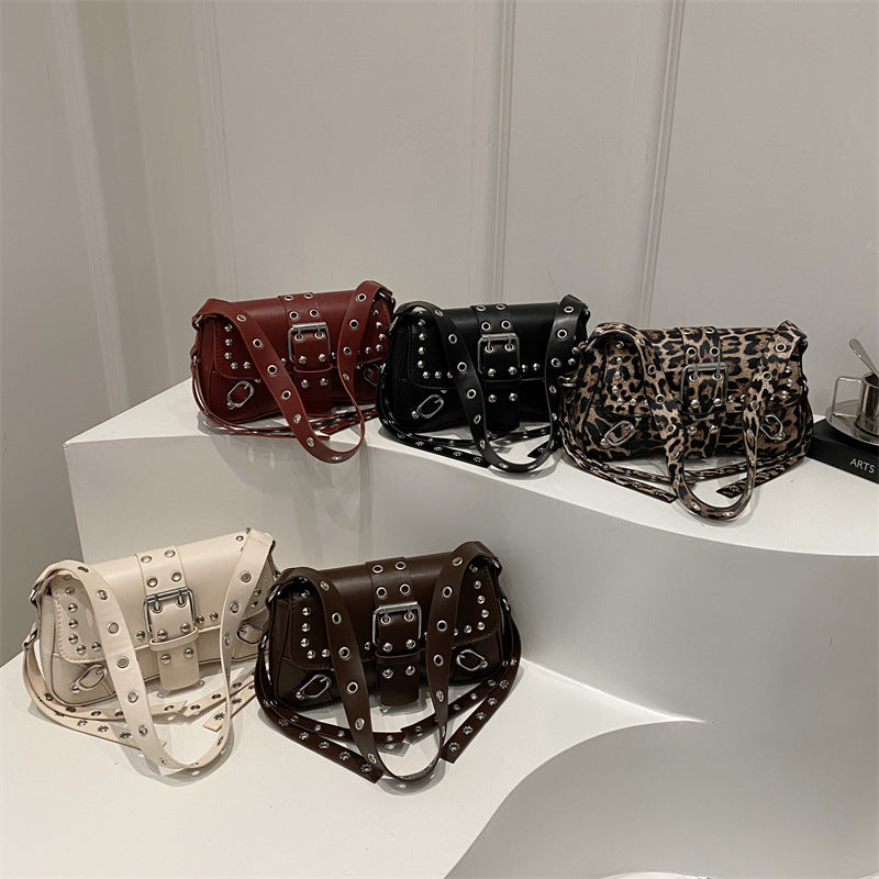 Women's Rivet Leopard Print Personality Design Motorcycle Underarm Women's Shoulder Bag